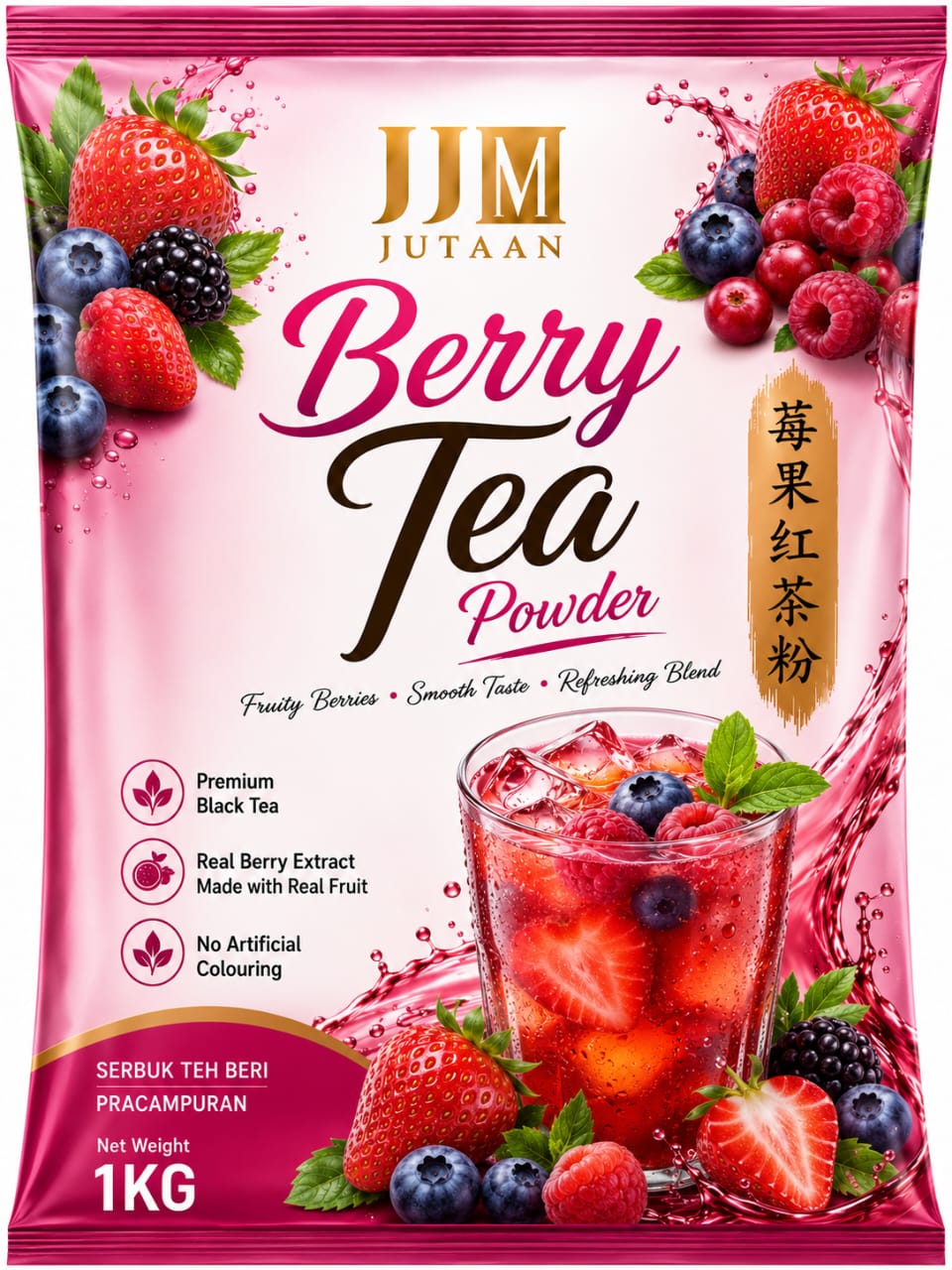 Berry Tea premix powder in a 1kg foil bag