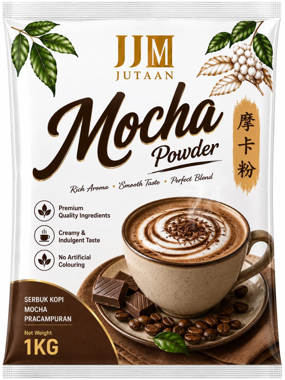 Mocha premix powder in a 1kg foil bag
