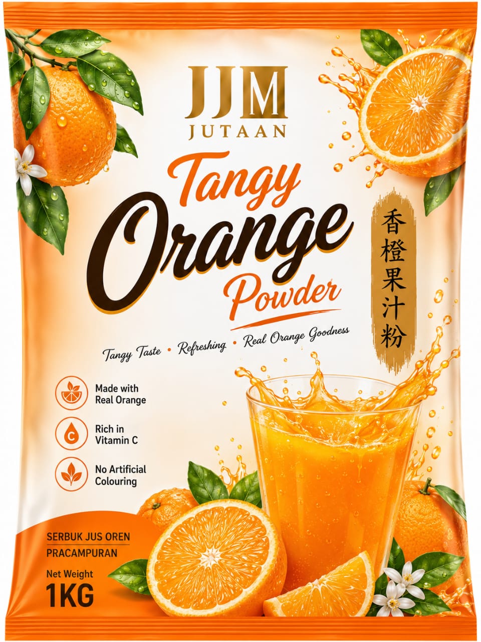 Orange premix powder in a 1kg foil bag
