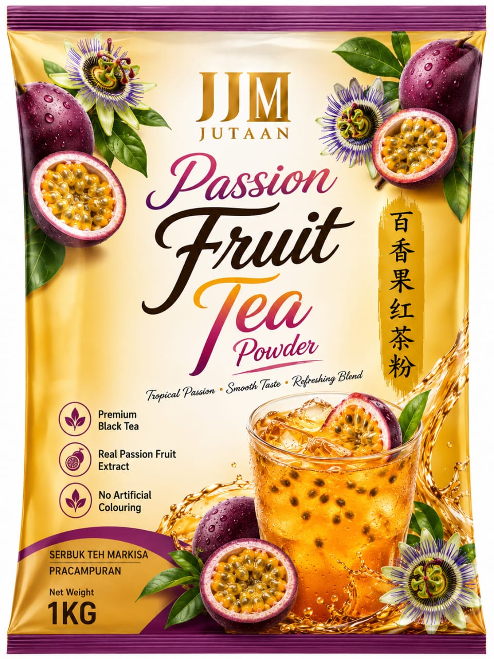 Passion Fruit Tea premix powder in a 1kg foil bag