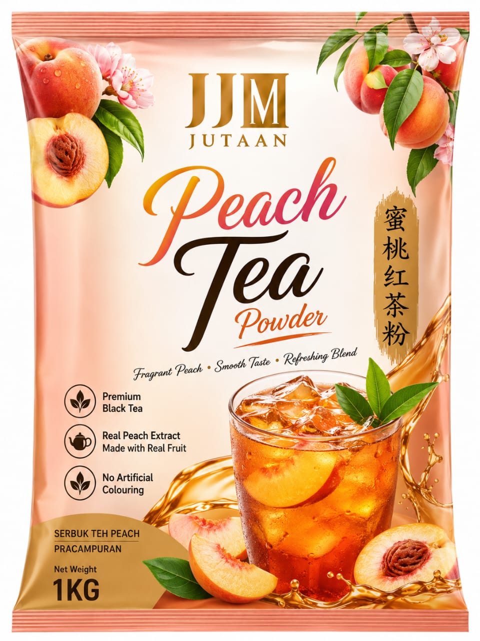 Peach Tea premix powder in a 1kg foil bag