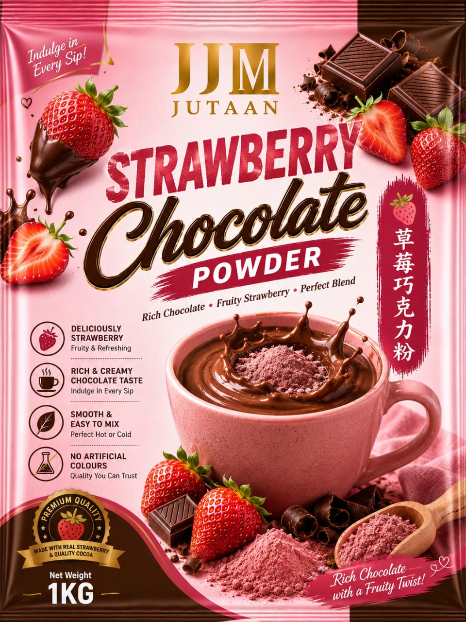 Strawberry Chocolate premix powder in a 1kg foil bag