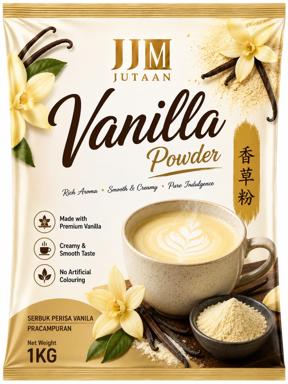 Vanilla premix powder in a 1kg foil bag